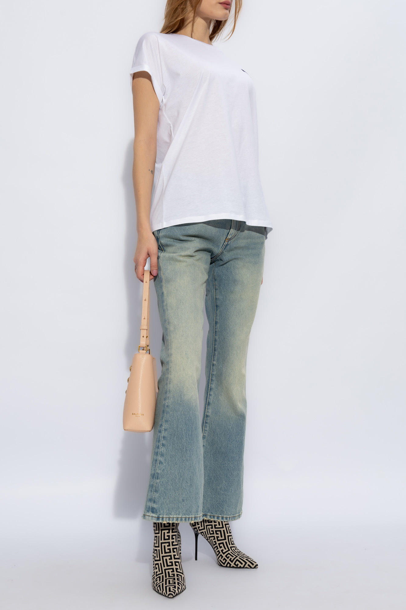 Tシャツ・カットソー BALMAIN Women Tops DH1EG010BC72 YGD Grey Balmain Vintage Logo Embroidered T-Shirt, Size Small